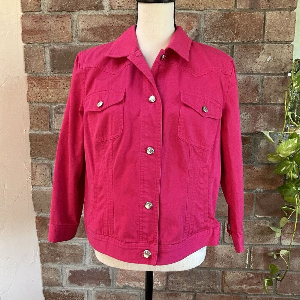 Chaps Denim Jacket Women Petite XL Hot Pink Western Barbiecore Button 3/4 Sleeve